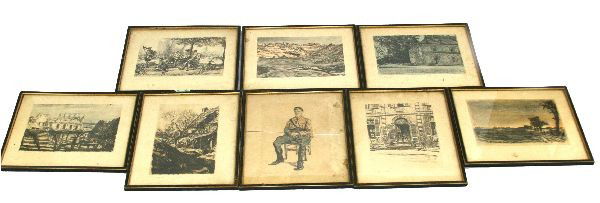 8 PRINTS BY SCOTTISH ARTIST SIR MUIRHEAD BONE: Eight framed, signed, and titled prints by Sir Muirhead Bone (23 March 1876 – 21 October 1953, Scottish). Lot features one untitled portrait of a Scottish soldier, "Out of the Line," "The Quarry Nea