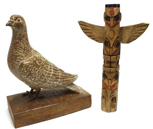 SIGNED JAPANESE HAND CARVED PIGEON & NW TOTEM: A hand carved and signed Japanese Pigeon standing 12 inches, also a Northwestern Native American hand carved Totem standing 12 inches.
