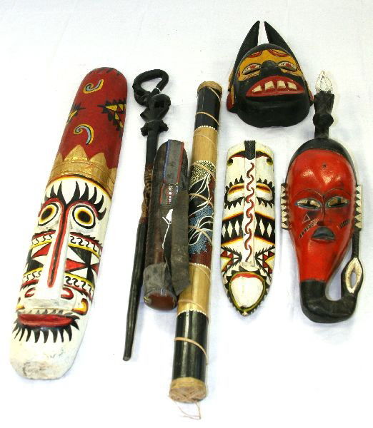 MIXED LOT OF AFRICAN MASK RAINSTICK AND MORE