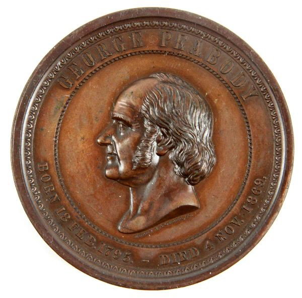 GEORGE PEABODY COPPER OVER BRONZE MEDAL: George Peabody medal presented on behalf of the education trustees, unissued 65mm and uncirculated, Henry Mitchell design.
