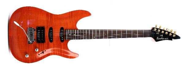 BRAWLEY COMFORT CARVED CUSTOM GUITAR RARE: Threat model from Keith Brawley with 2 single coil Alnico pickups and one bridge mounted humbucker and Wilkinson and Floyd Rose vibrato bars. Like new condition. Includes case.