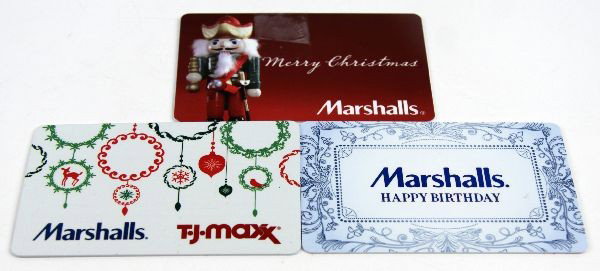 TJMAXX/ MARSHALLS GIFT CARD SET: Total of three gift cards worth $400.96 that can be used at any Marshalls or TJMAXX store. 1 worth $300.96, and the other 2 each worth $50.