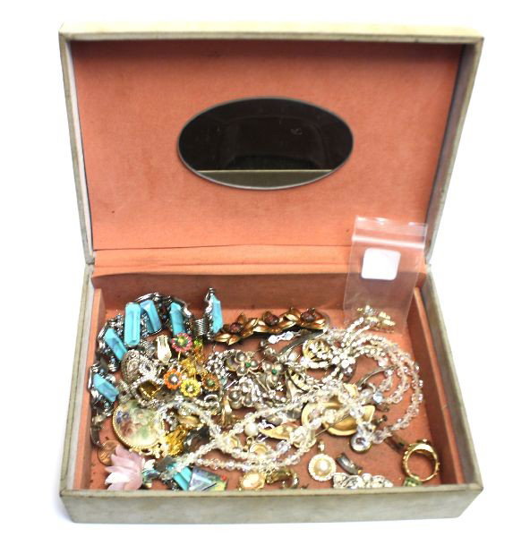 JEWELRY BOX WITH MIXED COSTUME AND STERLING PIECES: A small jewelry box with mixed vintage jewelry including Austrian, Mexican and other pieces. There are rhinestones and crystal necklaces plus pins, earrings and other costume pieces. There is even a f