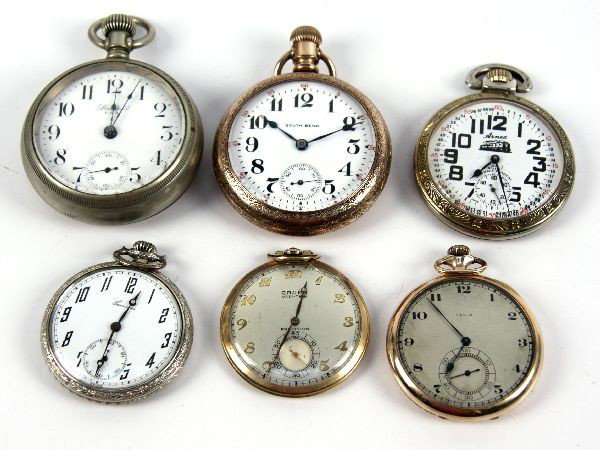 6 POCKET WATCHES ELGIN GRUEN SOUTH BEND & MORE: Lot of six vintage pocket and railroad watches. Makers include Elgin, Standard, Gruen, South Bend, Armex, and Tavannes. Some appear to work well, others need service or restoration. Condition: Various