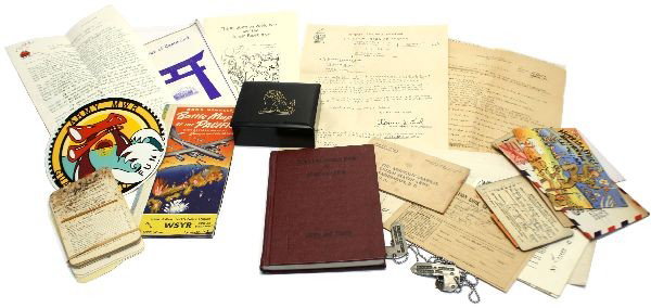 LOT OF MILITARY EPHEMERA WWII TO 1980'S: Lot of various US Military related ephemera, spanning from WWII to the 1980's. Letters, stickers, maps, souvenir currency, and more.