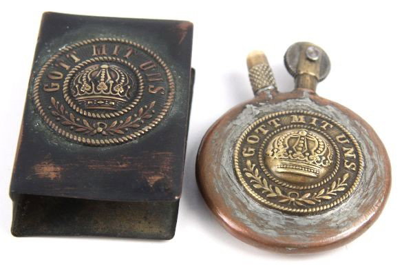 WWI GERMAN MATCH CASE & TRENCH ART LIGHTER: WWI Imperial German "Gott Mit Uns" match case, and trench art lighter, with "Gott Mit Uns" (probably from a buckle) soldered to one side, and a French coin to the other.