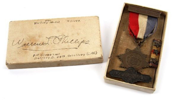WWI VICTORY MEDAL NAMED FROM CITIZENS OF SALEM MA.: WWI Victory medal presented to Warren L. Phillips 1st Sergeant Battery D 44th Artillery C.A.C. by the citizens of Salem, MA. in appreciation of his service 1917-1918. Also a 3 star victory ribbon and