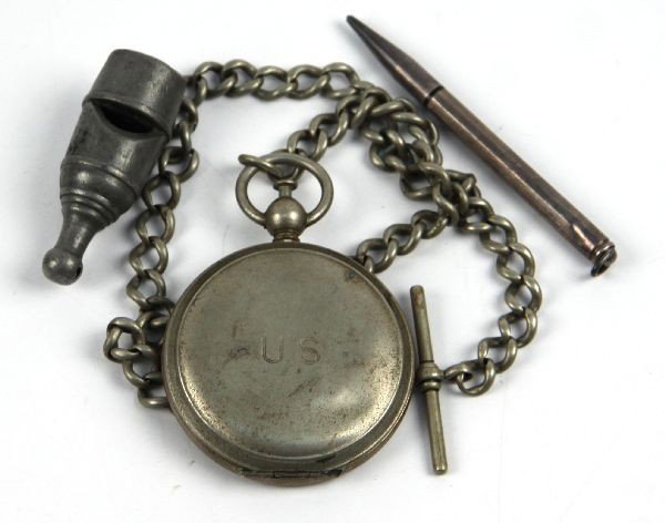 WWI US COMPASS TRENCH WHISTLE STERLING PENCIL: WWI American Officer's compass case and fob, pewter trench whistle and sterling mechanical propeller pencil.