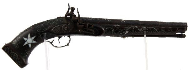 DECORATIVE MIDDLE EASTERN STYLE FLINTLOCK PISTOL: Crudely constructed decorative flintlock pistol. Scrolling wire inlay throughout stock. Faux aging and patina to wood. Non functioning lock. Good decorative or prop item. Serial #: None