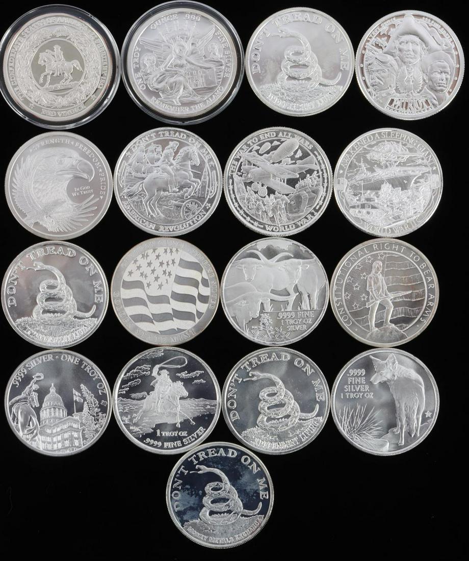 SILVER ROUNDS 1 OZ FINE SILVER LOT OF 17: Each round is 1 oz .999 fine silver with Texas, Confederate, Remember the Alamo and Patriot themed art. Total of 17 troy ounces of fine silver. This lot has a reserve.