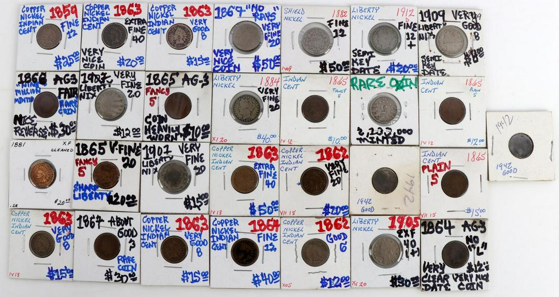 COIN COLLECTION V & SHEILD NICKEL DIME INDIAN CENT: Collector lot includes some key dates and low mintage years: 1875 Shield nickel, 1867 "no rays" Shield nickel, 1882 Sheild nickel, 1863 Indian Cent, 1867 Indian cent, 1864 Indian Cent, 1884 V Nickel, 