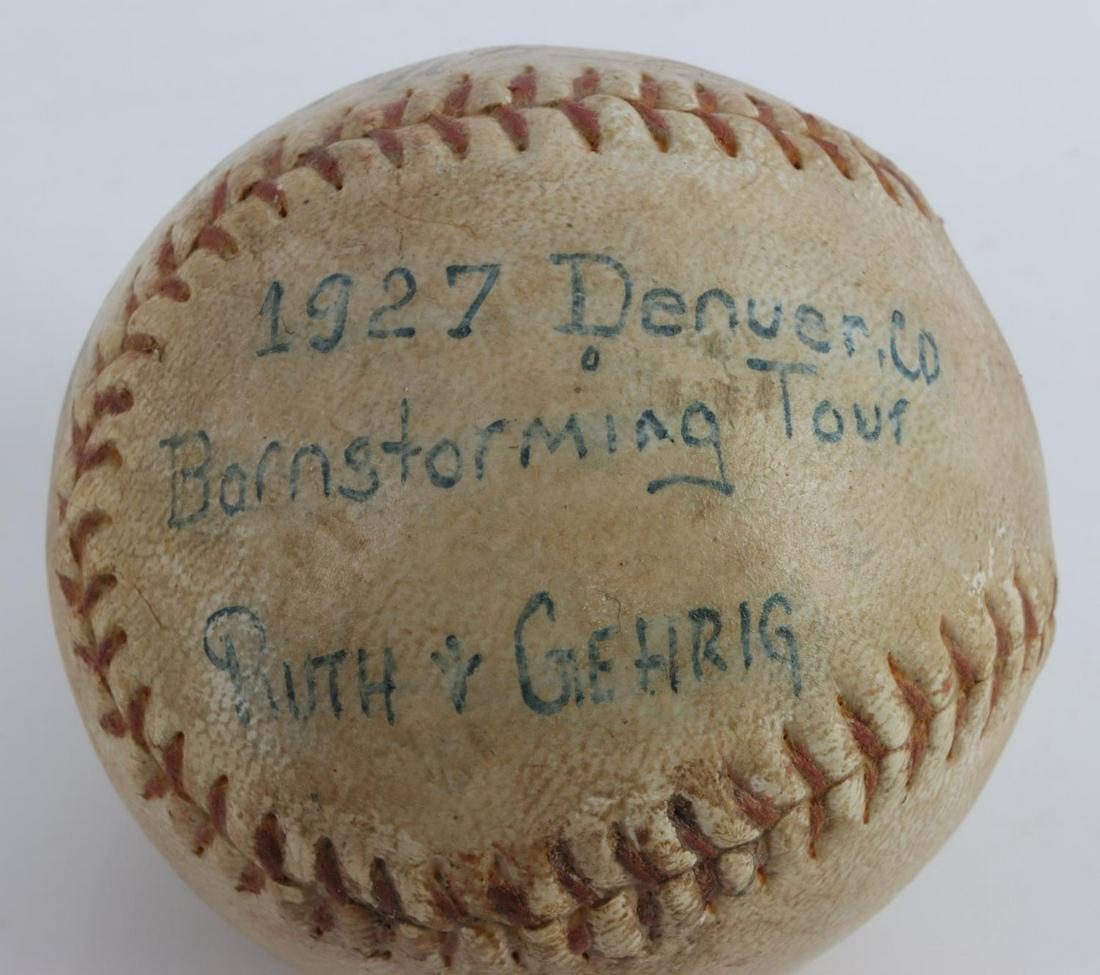1927 BABE RUTH LOU GEHRIG AUTOGRAPH BASEBALL: Baseball autographed by Babe Ruth and Lou Gehrig during the Barnstorming Tour in 1927 at the Denver, Colorado stop. The Barnstorming Tour was 21 games over three weeks. The baseball is signed "To Mac