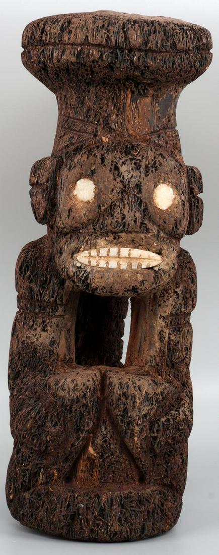 TAINO LIKE COHOBA STAND FROM PALM WOOD: Taino-like cohoba stand. Rather crude with shell inset eyes and teeth, each set in a hardened clay like adherent. Made from palm wood, an unusual choice, when most ceremonial items are made of a much 