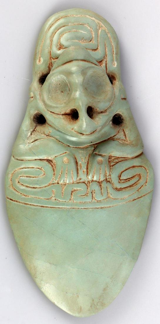 TAINO PRECOLUMBIAN FIGURAL ZOOMORPHIC AX FORM: Taino. PreColumbian. Figural ax form with 3 zoomorphic faces. First is the initial face, second is the nose, and third is face appearing when inverted. Finely relief carved. Embossed arms and hands re