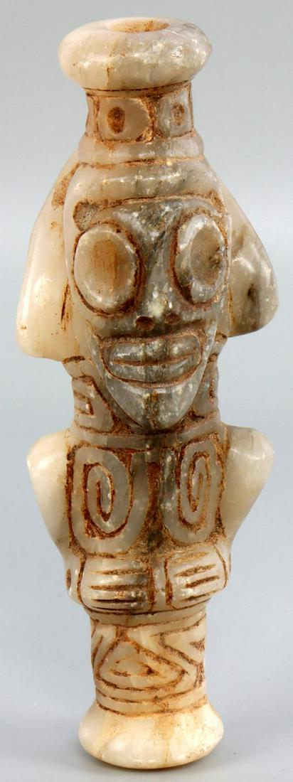 TAINO PRECOLUMBIAN ANTHROPIC COHOBA INHALER: Taino PreColumbian. Fully 3 dimensional anthropic cohoba inhaler with thin body emphasizing the skeletal persona of those whose spirits die to be reborn after snuffing the hallucinogen cohoba. An amaz