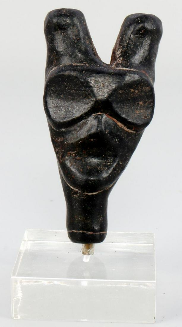 TAINO PRECOLUMBIAN ANTHROZOOMORPHIC COHOBA INHALER: Taino. PreColumbian. Small anthropo-zoomorphic cohoba inhaler. Possibly used by an adolescent to initiate him/her into ritualized snuffing ceremonies. Suspension holes are drilled on the back of the h