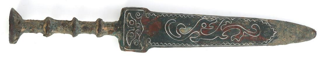 ANCIENT GRECO ROMAN CEREMONIAL DAGGER GOLD INLAY: Iron core plated with copper. Inlaid with silver. Heavily patinated. Measures 11 inches. This lot has a reserve.