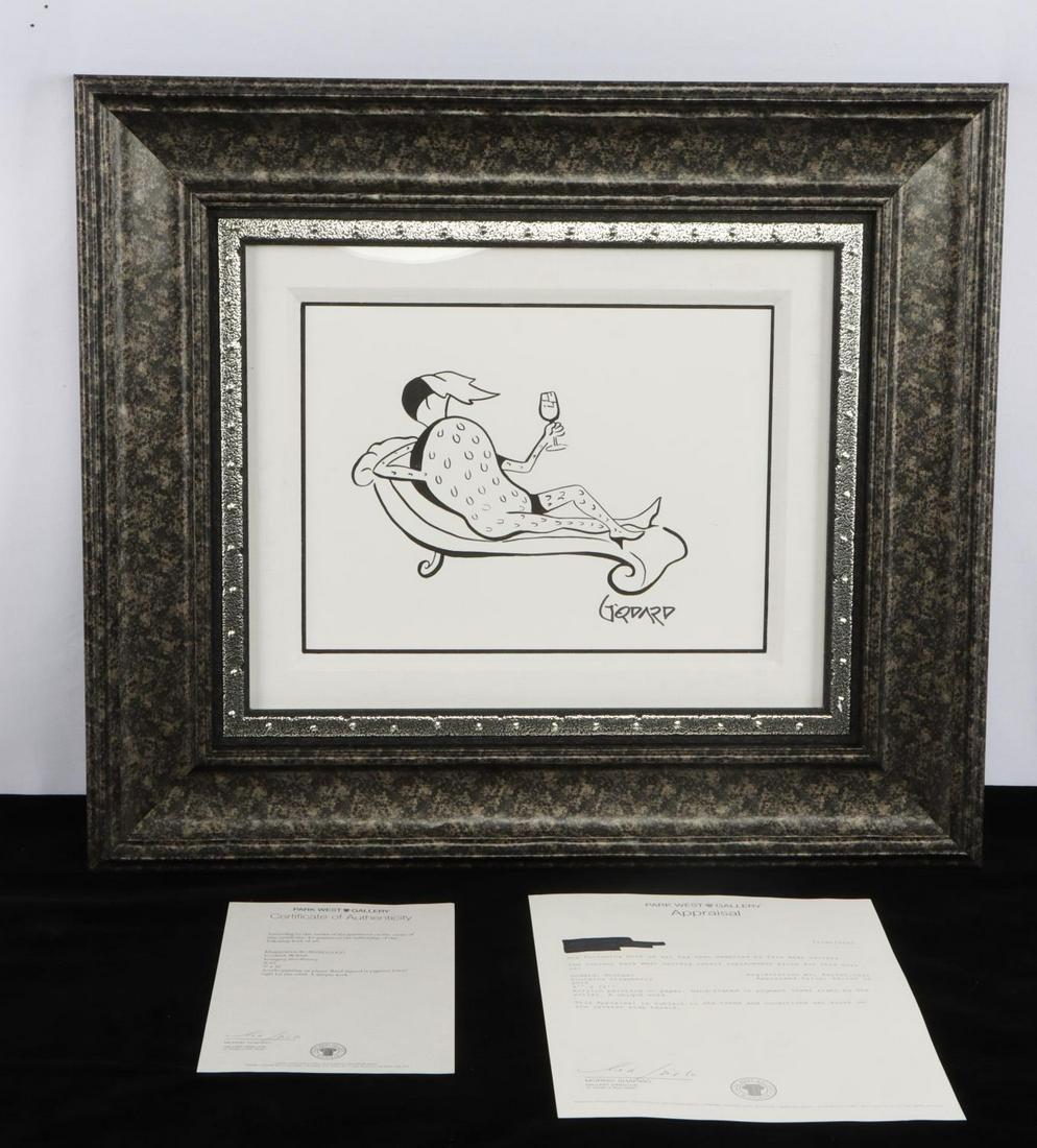 MICHAEL GODARD LOUNGING STRAWBERRY PAINTING: Lounging Strawberry by Michael Godard in new condition. Image measures 9x12 inches, professionally framed measures 20x23 inches. Park West Appraisal Registration no. 861920.0000. Acrylic painting on p