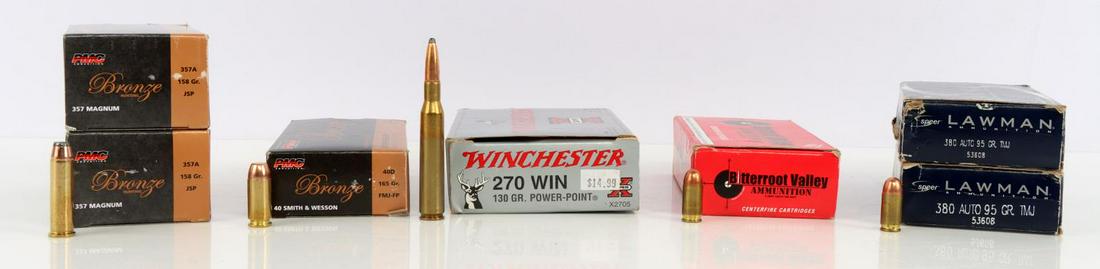 320 ROUNDS OF 357 MAG 380 AUTO 40 SW 270 WIN AMMO: Lot features 380 auto 95 gr, .357 mag 158 gr, 40 S&W 165 gr, 380 acp 95 gr, and 270 Winchester 130 gr. Very good condition.