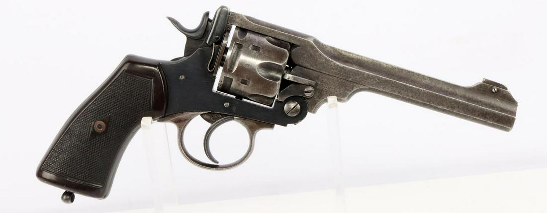 WWII WEBLEY MARK VI TOP BREAK 45 ACP REVOLVER: Webley Mark VI top break .45 ACP 6-shot revolver. Bright and clear bore. 6 inch barrel. Marked throughout proof and British markings including the broad arrow. Steel retain 50% original blued finish.