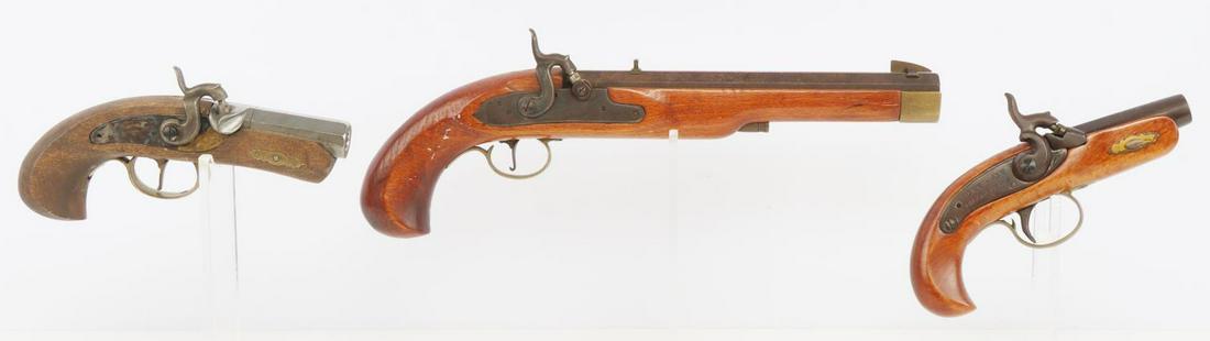 THREE BLACK POWDER PERCUSSION PISTOLS: Two pistols are from Jukar Spain and are .45 caliber, the other is from Derringer Philadelphia. All are mechanically very good and function without issue. Non FFL. No international shipping. Know your