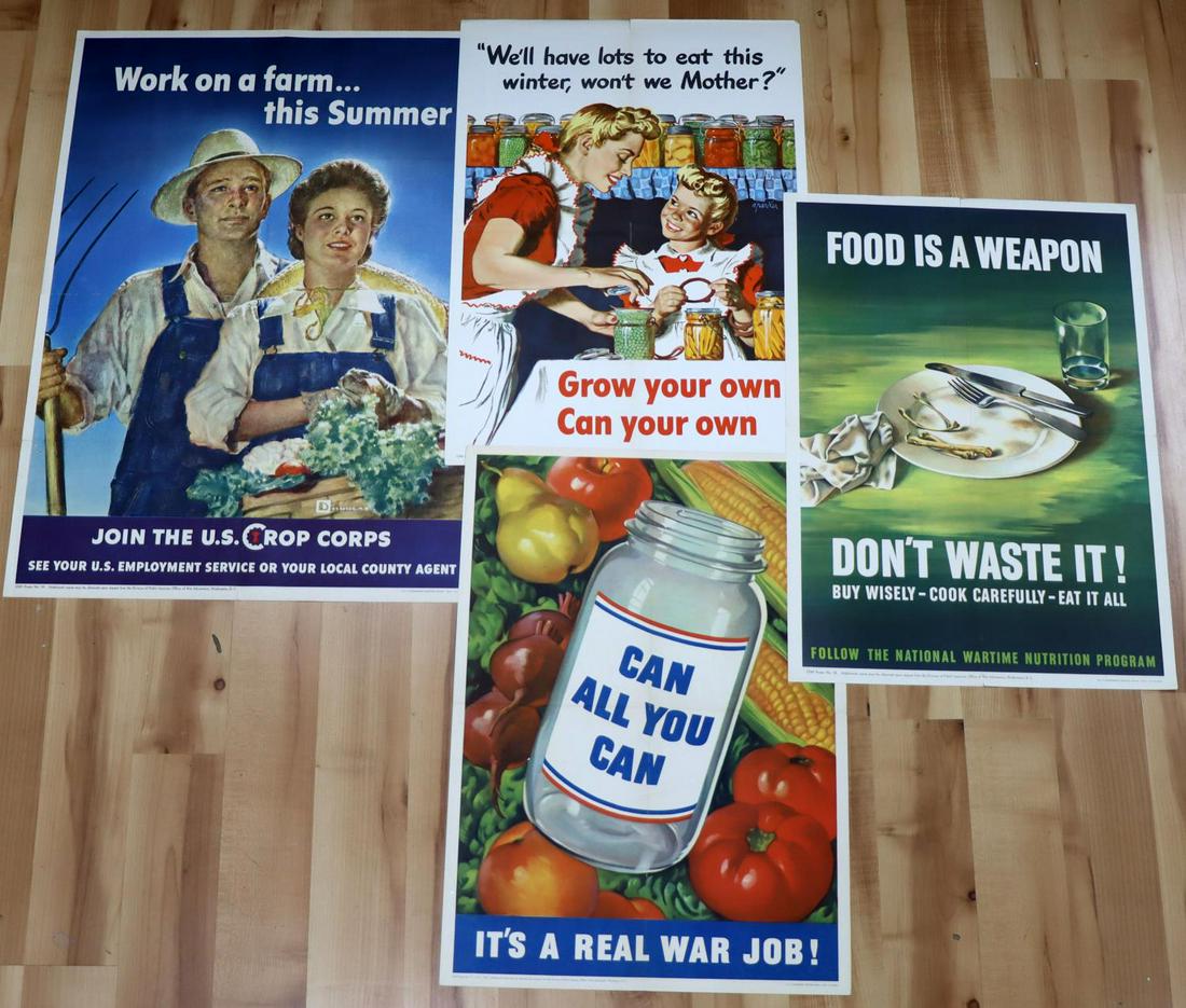 LOT OF 4 WWII AMERICAN ORIGINAL PROPAGANDA POSTERS: Small posters measure 22 1/2 X 16 inches. Large posters measure 28 X 20 inches. Includes "Food Is a Weapon, Don't Waste it" "Can All You Can , It's a Real War Job!" "Work on a Farm This Summer, Join t