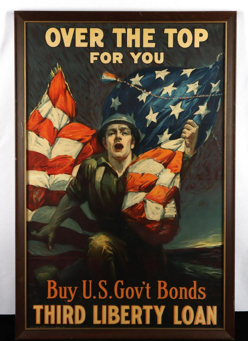 WWI OVER THE TOP THIRD LIBERTY LOAN POSTER: Framed 20 x 30 inches, can be removed to lower shipping, has creases, Sidney Riesenberg design.