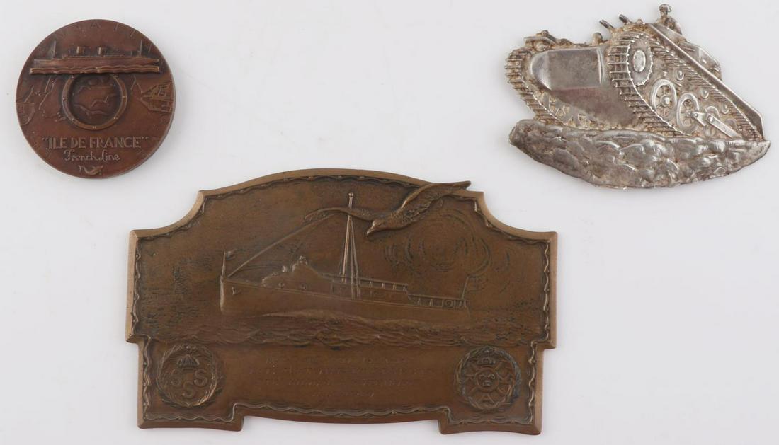 ANTIQUE WWI SILVER BRIT TANK PLAQUE MARINE AWARDS: 90% silver tank plaque and weighs 57.4 grams. Also included is a marine steam motor launch race from Stockholm plaque, and a bronze table medal for ship Ile de France. Measurements range 2- 5 5/8 inch