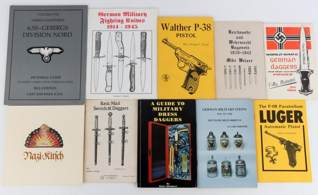 10 WWII GERMAN BOOKS NAZI KITSCH DAGGER LUGER P 38: Includes Military dress daggers, German Military steins, SS Nord Division, Nazi Kitsh considered scarce 1970's, fighting knives, basic Nazi swords & daggers, Walther P 38 Pistol, Luger and more.