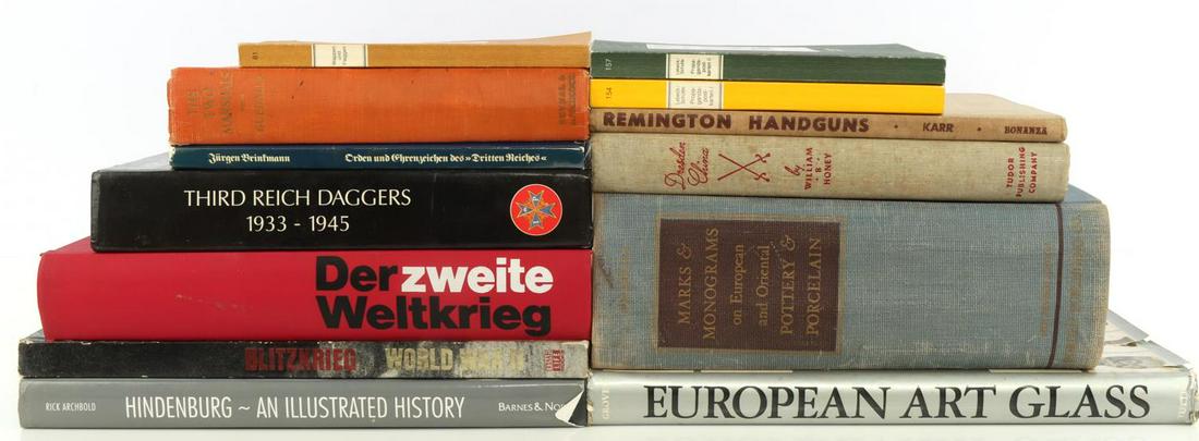 LOT OF 11 MILITARY HISTORY BOOKS HINDENBURG GERMAN: Books include Blitzkrieg WWII by Robert Wernick, Orden und Ehrenzeichen Des Dritten Reiches by Jurgen Britmann, European Art Glass, The Two Marshals by Guedalla, Remington Handguns by Karr, Der zweite