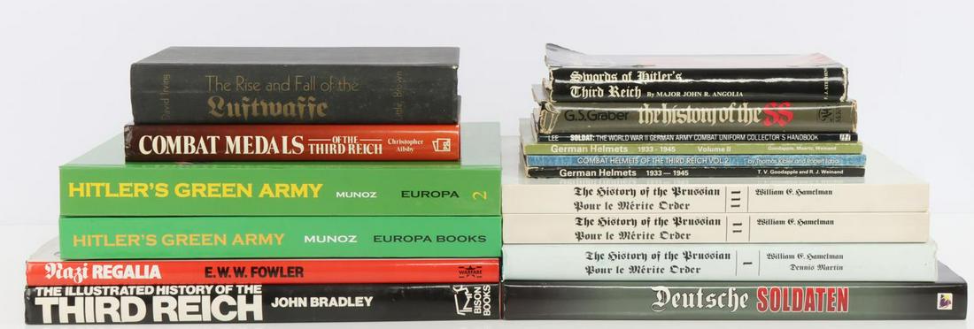 15 WWII GERMAN THIRD REICH REFERENCE BOOK LOT: Partial listing includes 3 volumes of The History of the Prussian Pour Le Merite Order, volume 1 and 2 of Hitler's Green Army, Deutsche Soldaten, combat medals of the Third Reich, 3 helmet reference s