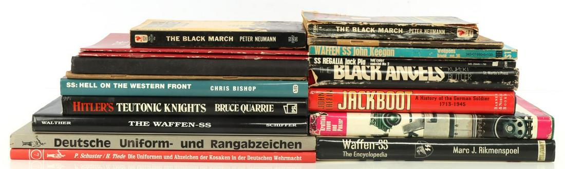 18 WWII GERMAN SS HEER PANZER MAPBOOK BOOK LOT: Some quite scarce issues, partial listing includes: Panzer in German, 1944 Liberation of Paris in French pamphlet, 1944 Intelligence Bulletin, SS Regalia, Kosak uniforms in German, SS Hell on the West