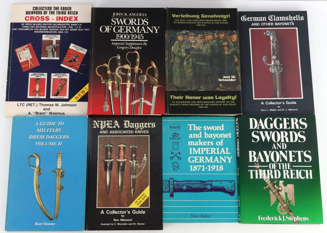 8 BOOK LOT WWI WWII GERMAN DAGGER SWORD BAYONET: With the exception of the Cross Index of Edged Weapons all are hard cover and include: A Guide to Military Dress Daggers Volume II, Daggers Swords and Bayonets of the Third Reich, NPEA Daggers and Ass
