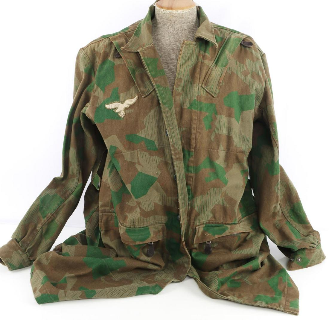 WWII GERMAN LUFTWAFFE FIELD DIVISION CAMO COAT: Very good original condition. Does not fluoresce. No rips or tears present. Stamped on inner left "II RBN.02/7038/41965 LBA". All zippers, buttons and pockets present and in good condition.