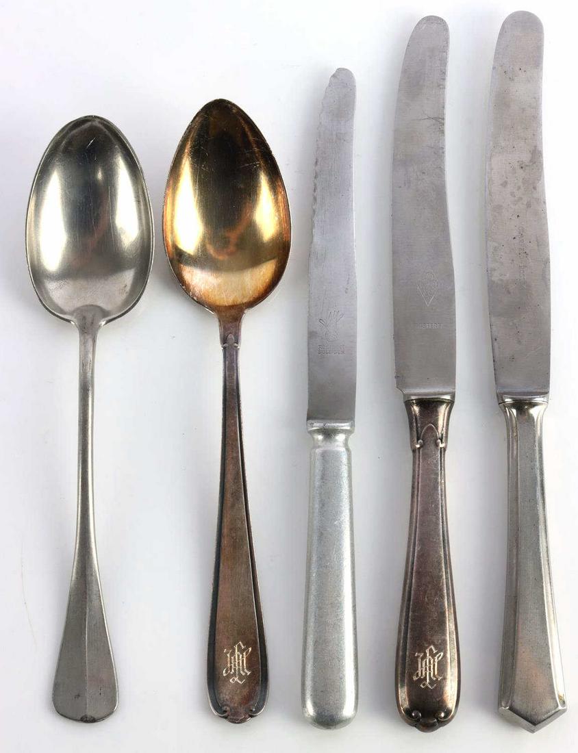 WWII GERMAN REICH SS SILVERWARE LEIBSTANDARTE AH: WWII German Reich SS silverware includes: a large spoon and butter knife with Leibstandarte Adolf Hitler & Rostfrei markings, a spoon and knife marked "SS-Reich," and a knife with a Reichsadler markin