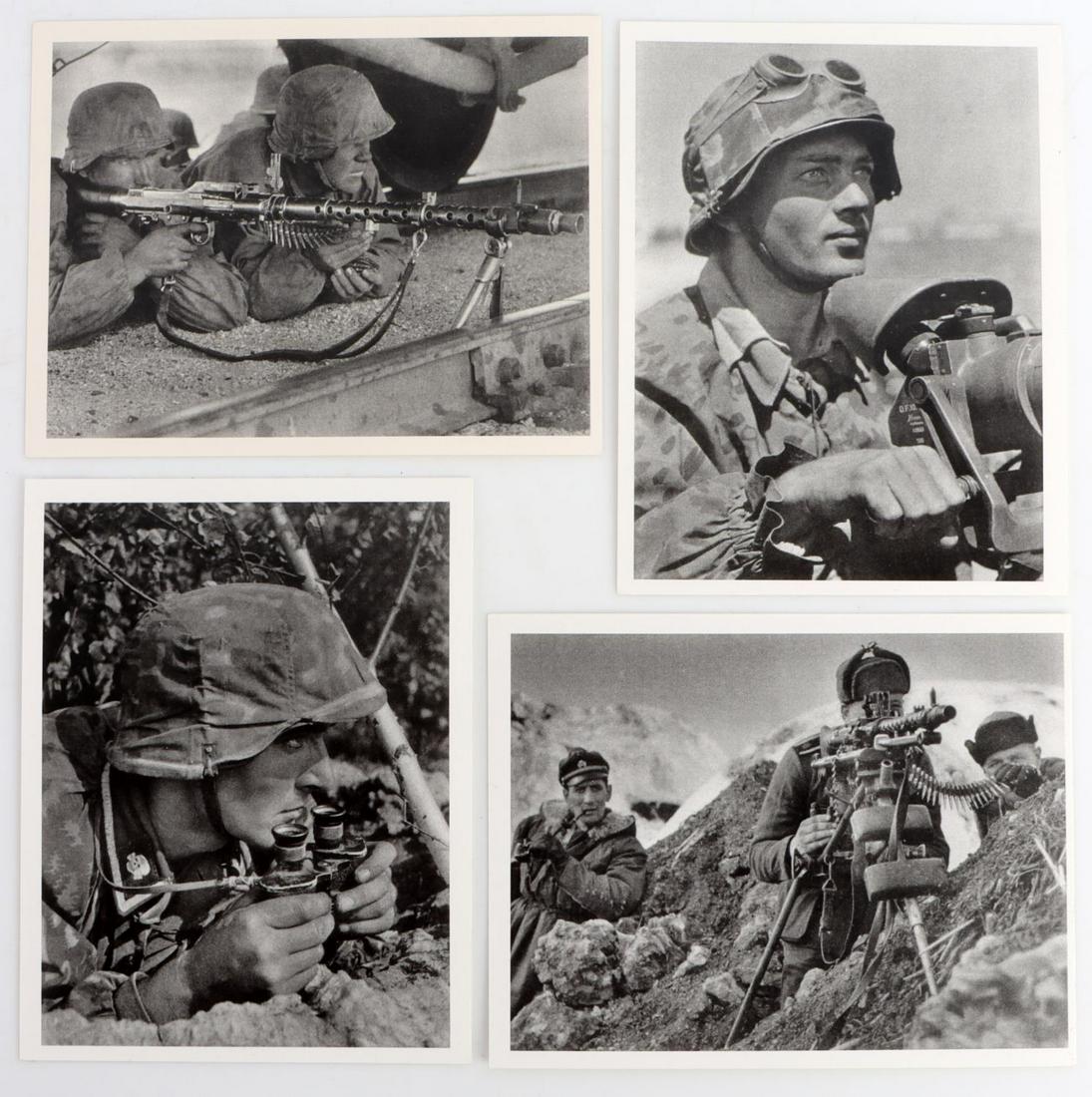 WWII GERMAN REICH WAFFEN SS SOLDIER POST CARDS: German World War II Waffen SS Soldier Post Cards. They measure 4 5/16” wide by5 1/2" tall. Shows Waffen SS combat soldiers with machine gun; Waffen SS soldier with fieldbinoculars; Waffen SS so