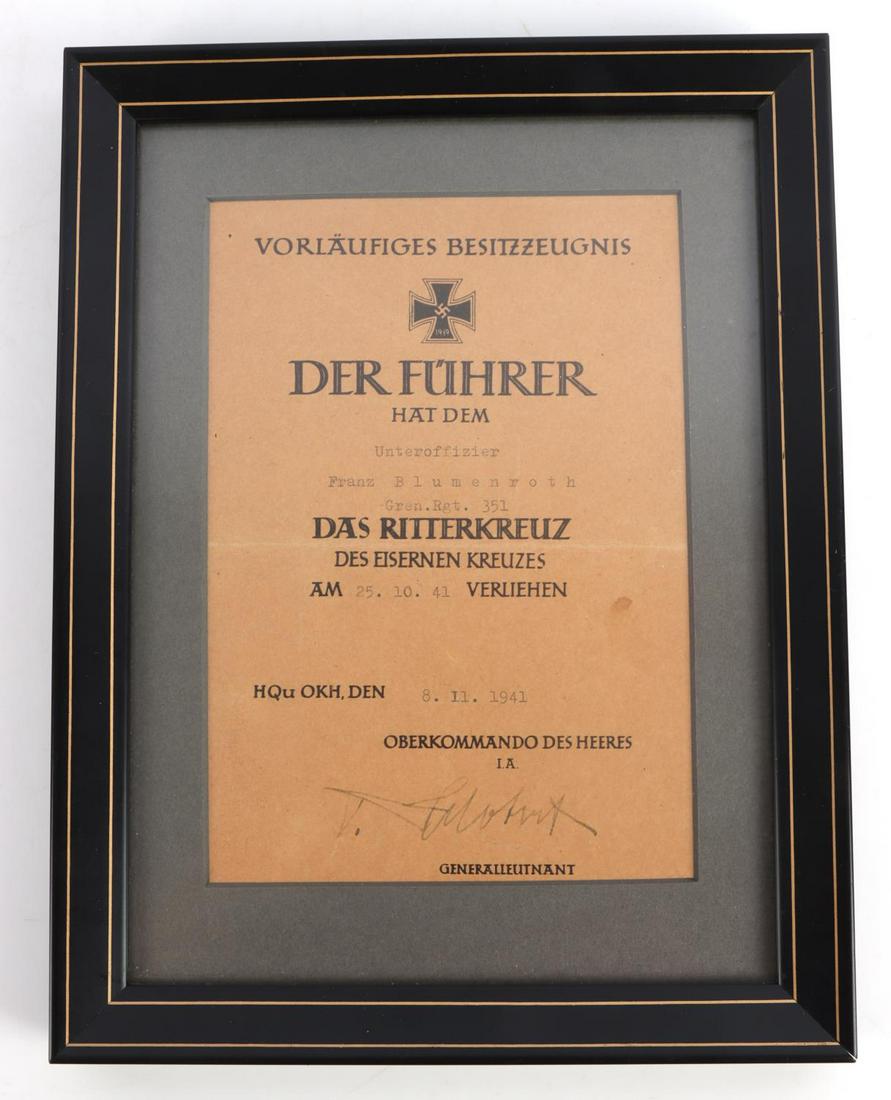 WWII GERMAN THIRD REICH KNIGHTS CROSS DOCUMENT: German WWII Knights Cross Award Document. The frame measures 8 1/4 X 103/4 inches tall. The Knights Cross document itself measures 5 1/8 X 7 1/4 tall. It was awarded to Unteroffizier Franz Blumenroth 