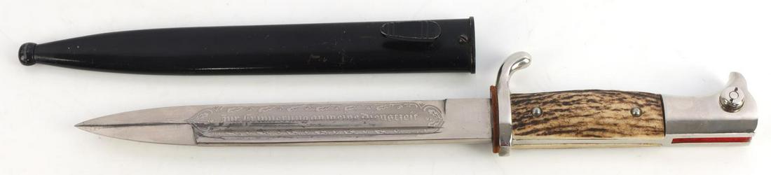 WWII GERMAN THIRD REICH LUFTWAFFE DRESS BAYONET: German WWII Luftwaffe / Army Engraved Dress Bayonet and Scabbard. Measures 13 3/4 incheslong overall. This is a double engraved bayonet. The one side reads fur Erinnerung an MeineDienstzeit (My Time i