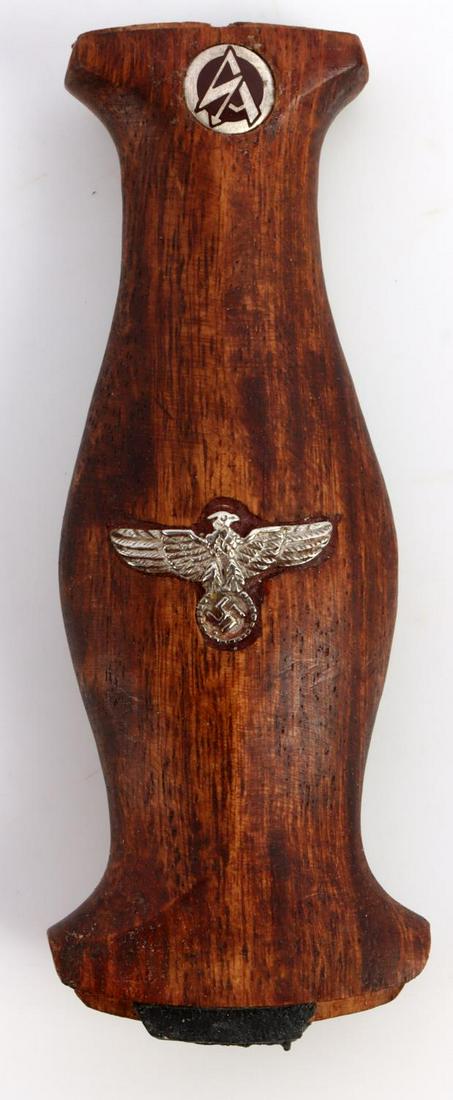 WWII GERMAN THIRD REICH SA DAGGER HANDLE: German WWII SA Sturm Abteilung Dagger Handle. Measures 1 3/8 X 4 1/4 X 3/4 inches deep. Has a nickel eagle clutching a swastika in his talons. There is the enameled SAemblem inset at the top of the ha