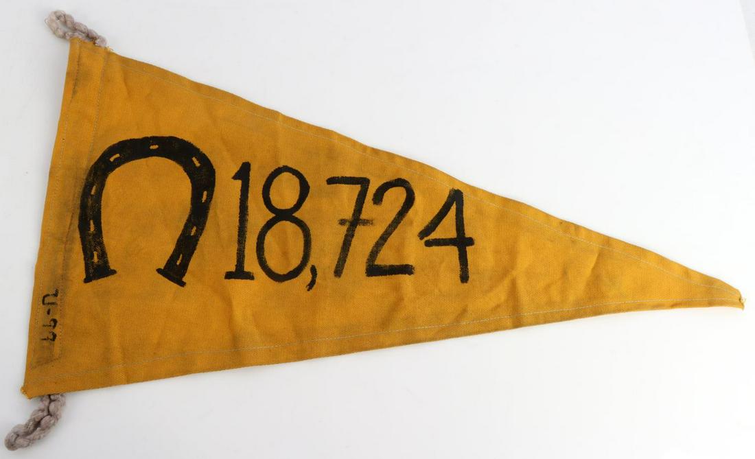 WWII GERMAN REICH U-99 KRIEGSMARINE KILL PENNANT: German WWII Naval Kriegsmarine U-99 Submarine Tonnage Kill Pennant. Measures 21 inches wide by 11 inches tall. The front shows a horse shoe on the right side. It reads ‘U-99 18,724’.There is a rop