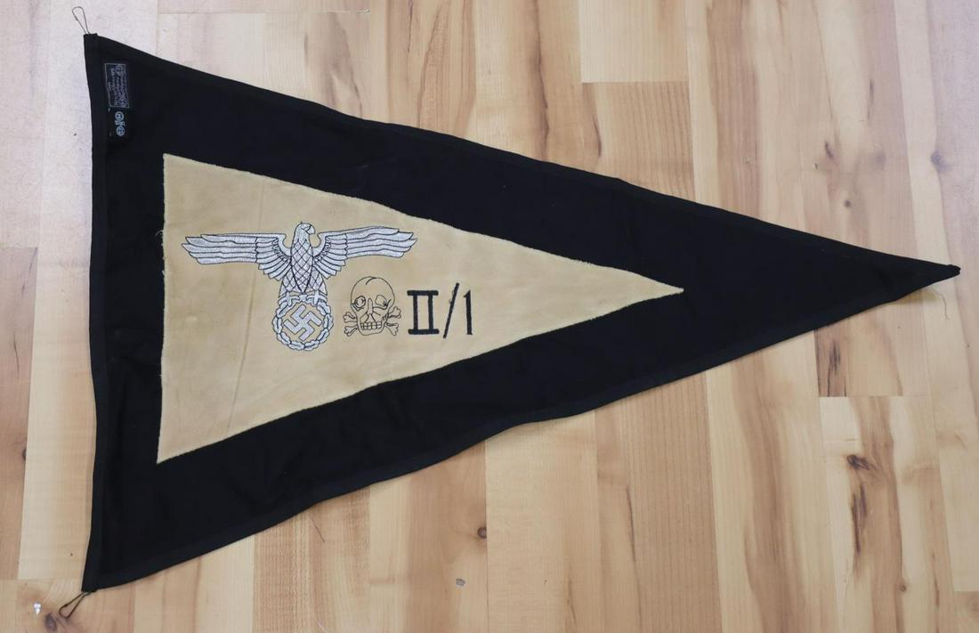 WWII GERMAN THIRD REICH SS BATTALION FLAG: German WWII Waffen SS Battalion Banner Flag. Measures 29 3/8” wide by 19 1/4 inches tall. The front and the back side shows a Waffen SS eagle clutching a swastika in his talons. It is also unit mark