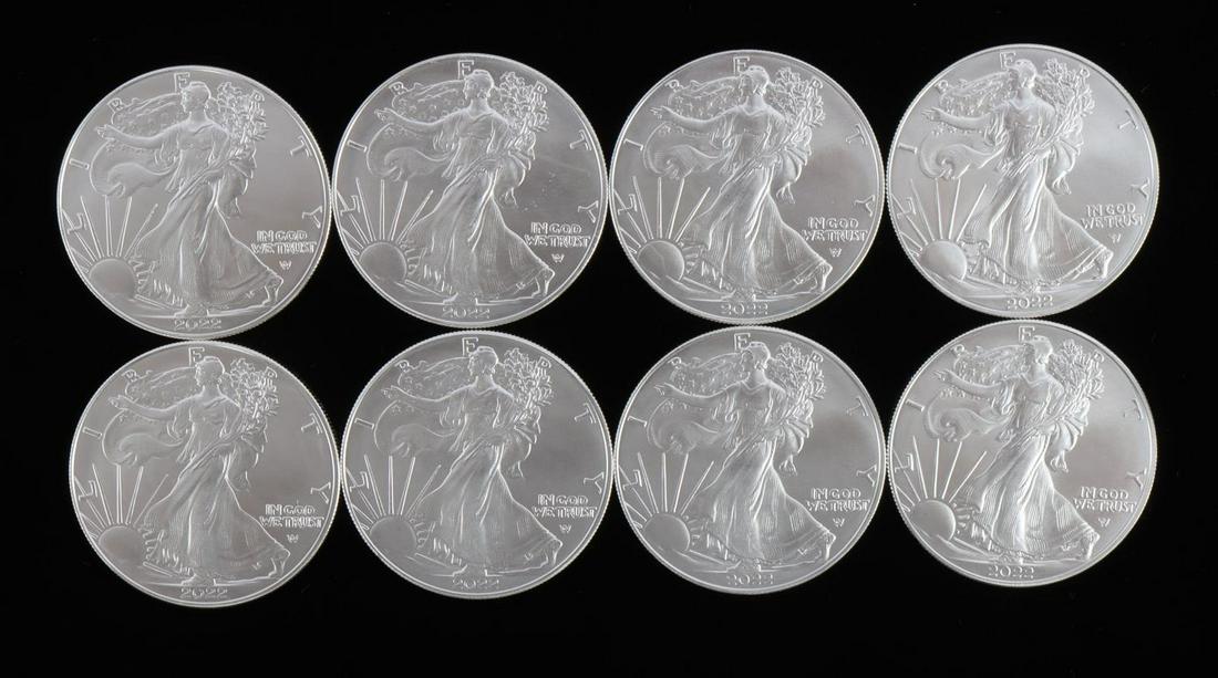 8 AMERICAN EAGLE 1 OZ SILVER COINS 2022: Total of 8 troy ounces of fine 1oz American Silver Eagle coins. This lot has a reserve.