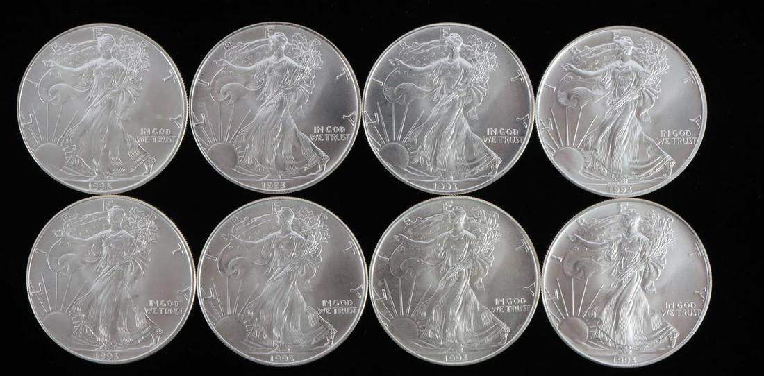 8 AMERICAN EAGLE 1 OZ SILVER COINS 1993: Total of 8 troy ounces of fine 1oz American Silver Eagle coins. This lot has a reserve.