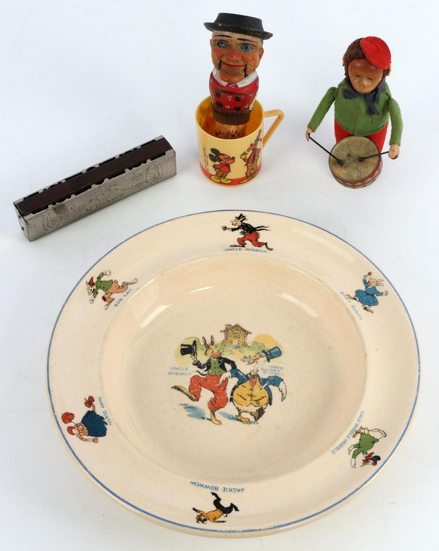 ANTIQUE CHILDRENS LOT UNCLE WIGGLY BOWL & TOYS: One Uncle Wiggily Child's cereal bowl, 1920s to 1930s, Umbertone for Farberware by Leigh Potters. Mickey mouse cup (made in Italy), M. Hohner harmonica, early wind up monkey drummer (no key) and hand 