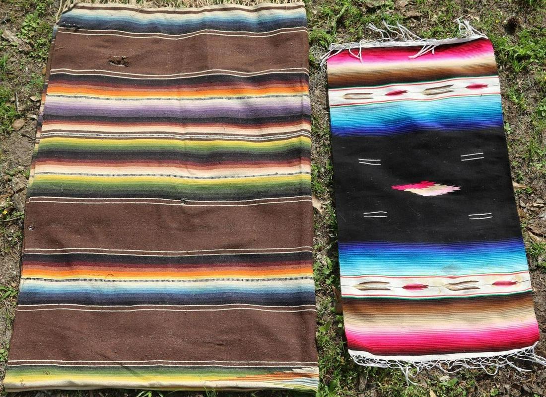 OLD MEXICO PUEBLA SALTILLO SERAPE BLANKET & THROW: Vintage hand loomed Mexican wool Puebla Saltillo Serape blanket and throw. Sizes are 36x19 inches and 90x62 inches. The larger blanket has some spot loss and the smaller throw has possible discolorati