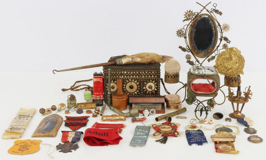 ASSORTED SMALLS ANTIQUE AND VINTAGE ITEMS: Lot includes vintage Utopia condoms in original wraps and tin, pipes, ornamental mirror trinket box, buttons and more.