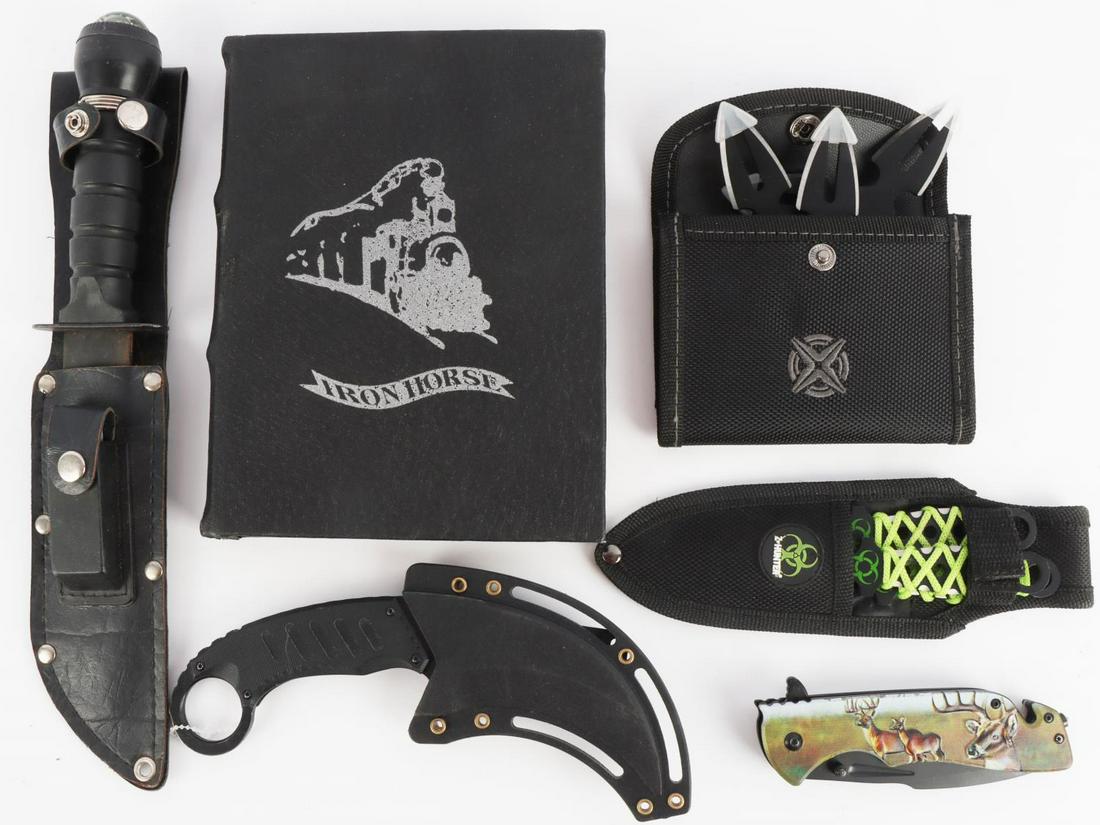 6 KNIFE LOT THROWING STARS & KNIVES IRON HORSE: Includes set of 3 throwing stars, 3 throwing knives, Iron Horse set of 2, M tech, whitetail flip knife, and survival knife.