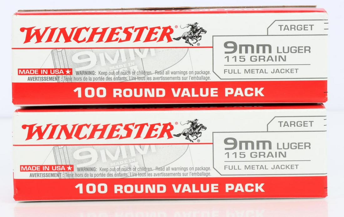200 ROUNDS WINCHESTER 9MM LUGER 115 GRAIN FMJ AMMO: New in box.