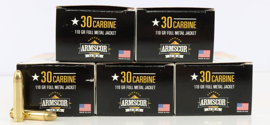 250 ROUNDS OF ARMSCOR 30 CARBINE AMMO 110GR FMJ: New in box.