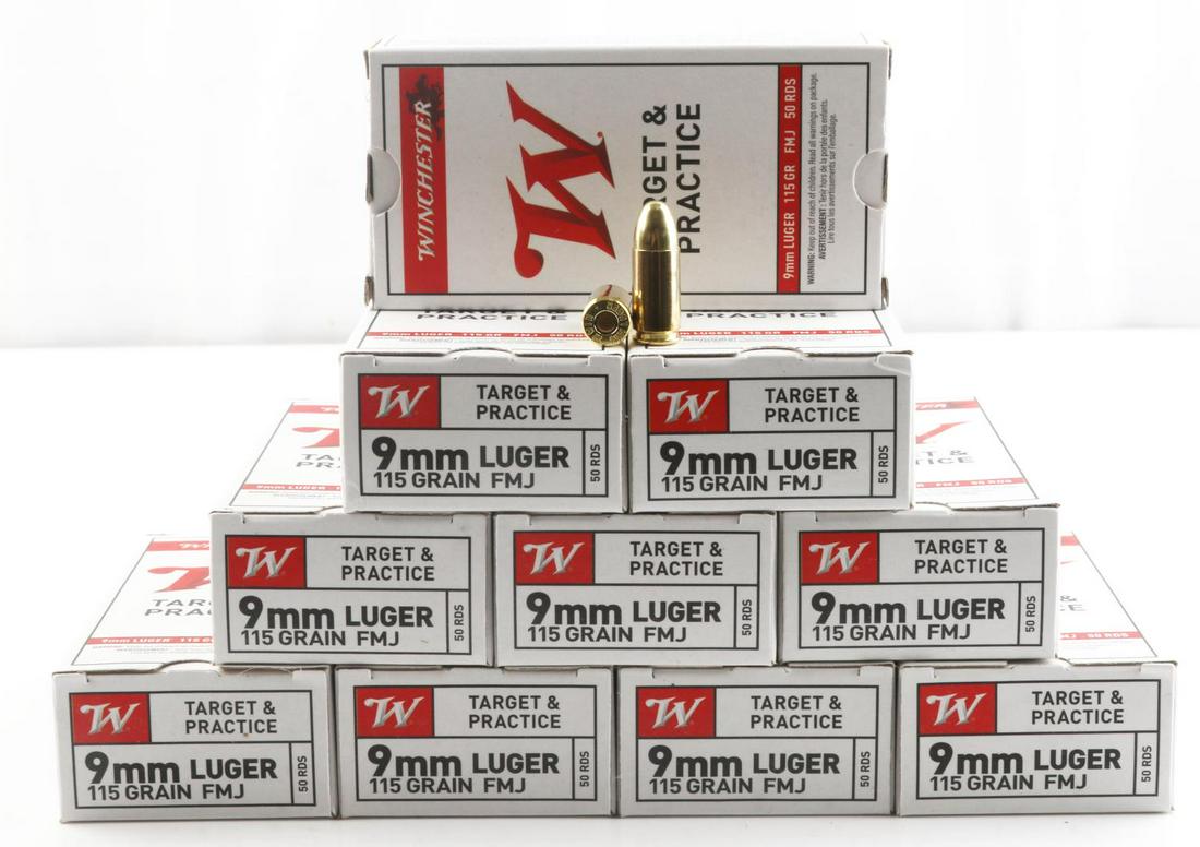 500 ROUNDS OF 9MM WINCHESTER TARGET AMMO: Comes in 10 boxes of 50 rounds each. 115 grain FMJ.